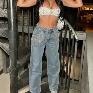 fringe oversized denim XS with White fringe bralette S